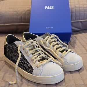 P448 Low-Top Sneakers in Light Gray, Black & Gold Glitter